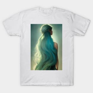 Beautiful woman with long blue hair portrait T-Shirt